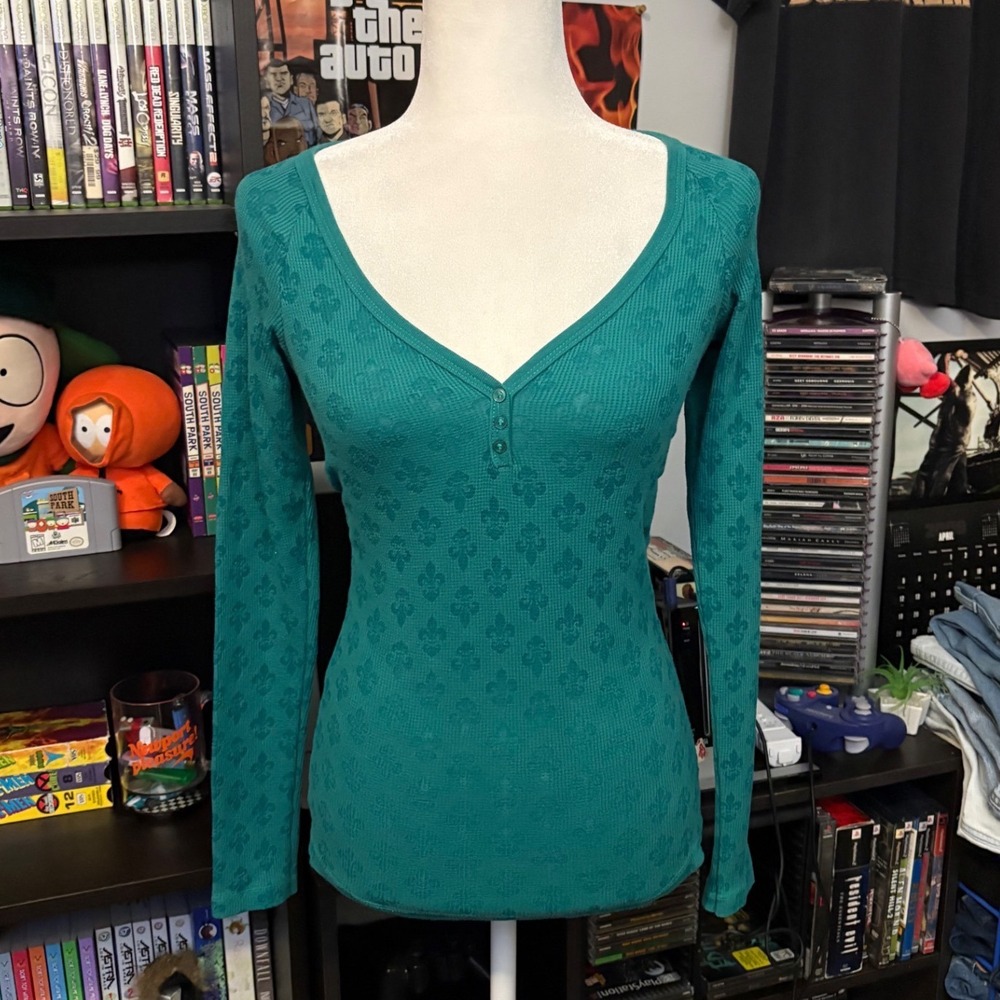 Vtg 90s Curious Gypsy Teal Fleur De Lis Burnout Waffle Knit Long Sleeve Top